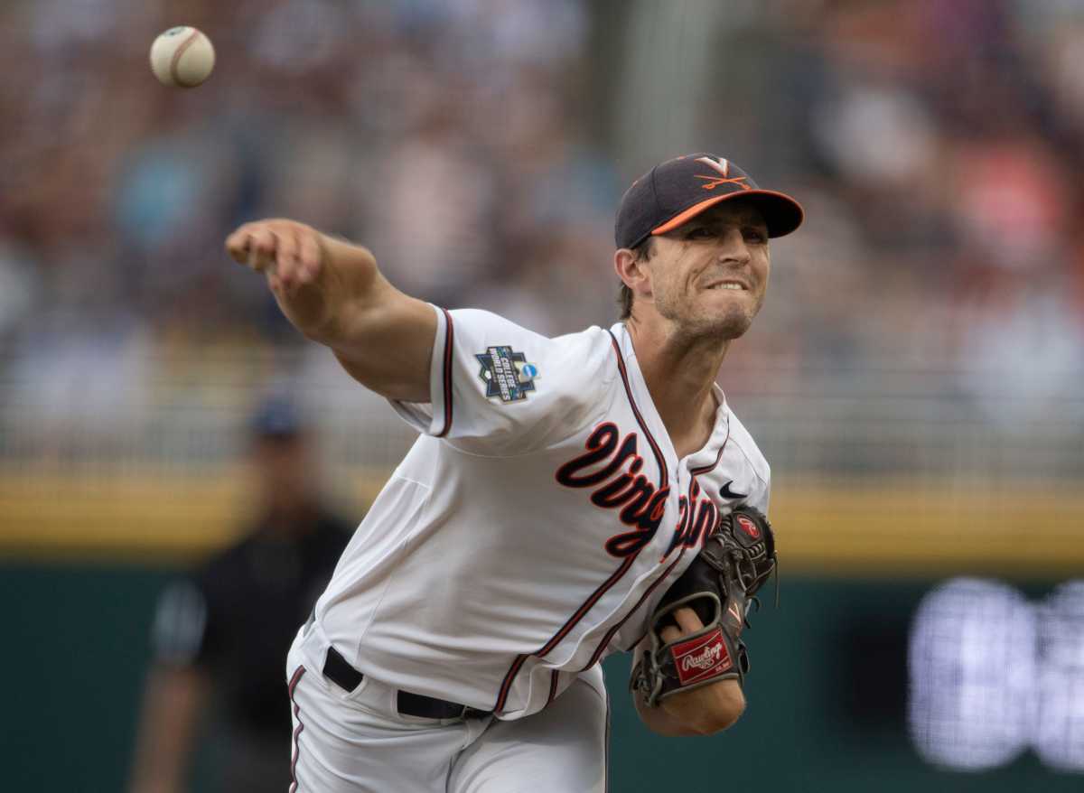 Griff McGarry pitching for University of Virginia in 2021.